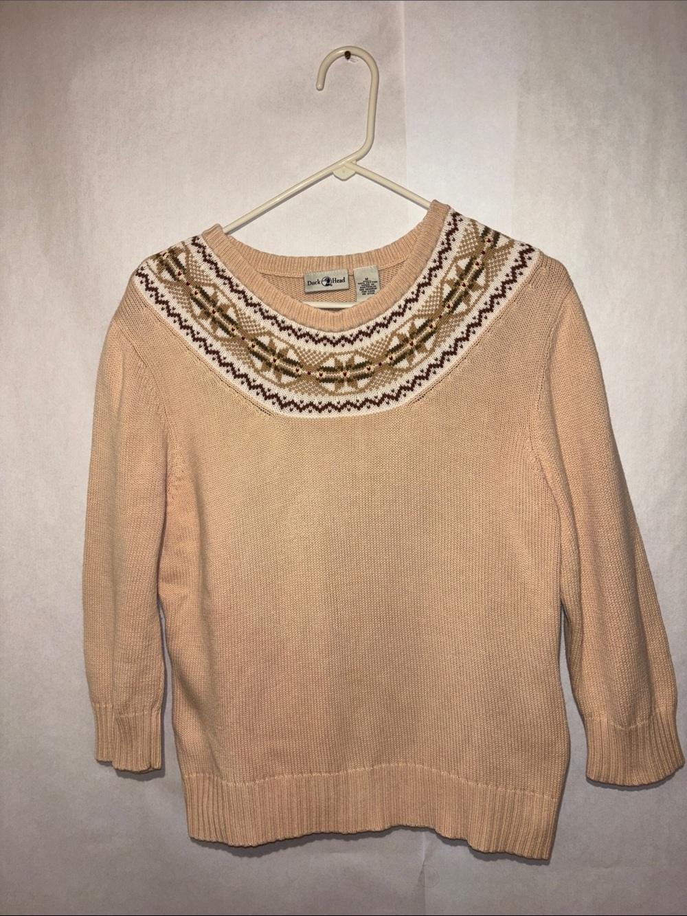 Vintage DuckHead Peach Crewneck Sweater with Fair Isle Yoke